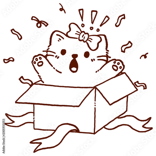 cute birthday cat popping out of gift box with bow and confetti doodle illustration adorable kitten surprise character festive hand drawn line art