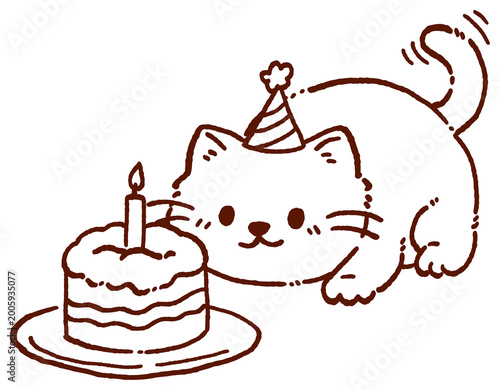 cute birthday cat with cake and candle doodle illustration adorable kitten celebrating party simple hand drawn line art playful pet character