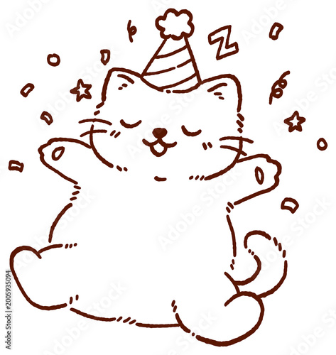 cute birthday cat celebrating with confetti doodle illustration adorable kitten wearing party hat joyful festive character simple hand drawn line art