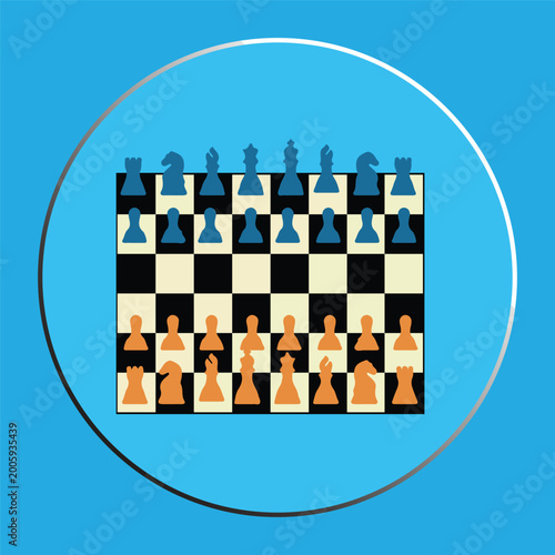 Schilderij op canvas Minimalist flat vector illustration of a chess board with blue and orange pieces