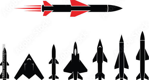 Bild auf Leinwand Black aircraft and missile silhouette icons showing different aerodynamic design