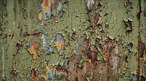 Weathered green paint flaking off a heavily corroded metal surface, revealing layers of rust and aged textures, creating an abstract grunge background