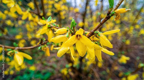 Forsythia spring yellow flowers blooming bush park landscape nature background, vibrant blossom seasonal garden, outdoor scenery with bright foliage and fresh environment in sunny springtime