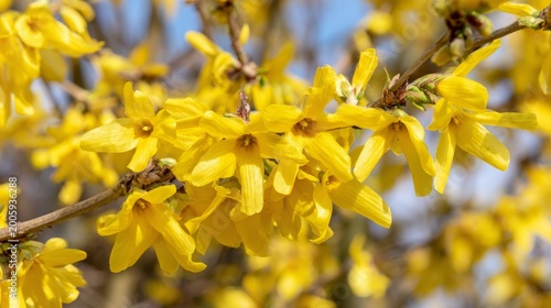 Forsythia spring yellow flowers blooming bush park landscape nature background, vibrant blossom seasonal garden, outdoor scenery with bright foliage and fresh environment in sunny springtime