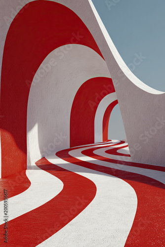 Red and white modern architectural arches abstract minimalist building exterior