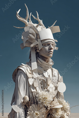 Surreal fashion portrait of man with antler headdress and white paper costume editorial