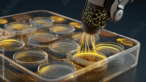 Robotic arm applying liquid to petri dishes in lab
