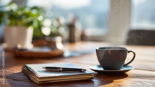 Cozy workspace featuring a steaming cup of coffee, an open notebook, and a sleek pen on a wooden table surrounded by greenery and natural light