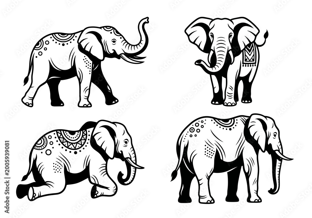 Fototapeta premium Set of ornate elephant vector illustrations in black and white tribal style.