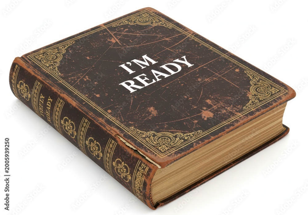 Fototapeta premium Old book with i'm ready text on black cover and gold floral design