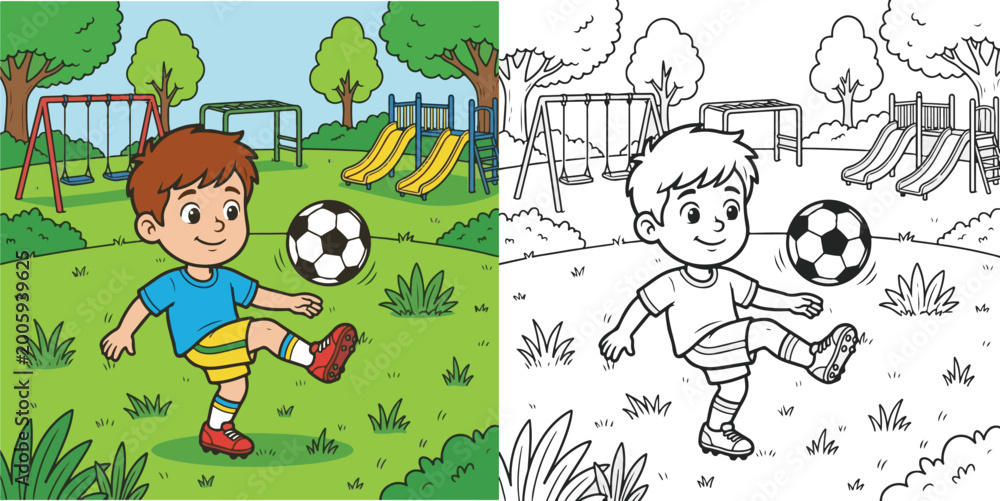 Naklejka premium child kid boy and girl children playing soccer football hand drawn coloring book vector illustration of lineart and clipart