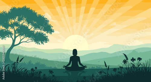 Valokuva Silhouette of a person meditating peacefully in a serene landscape at sunrise, with mountains and a tree