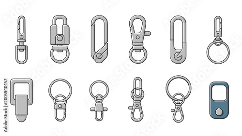 Assortment of metal carabiners, snap hooks, and key rings in various shapes and sizes displayed on a plain background.