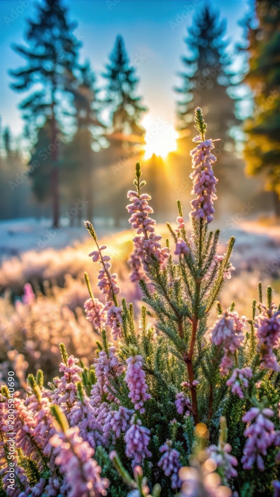 Obraz premium A photo of a clear morning in the forest, with frozen blooming heather flowers closeup