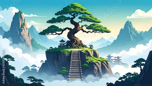 Majestic cliff temple stairway crowned by sacred pine. Fantasy zen summit with distant pagodas and clouds. Grand mountain shrine scene for travel poster design