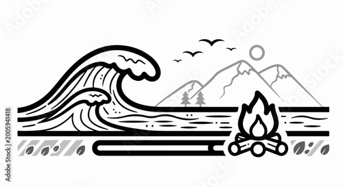 Black and white illustration of a beach scene.