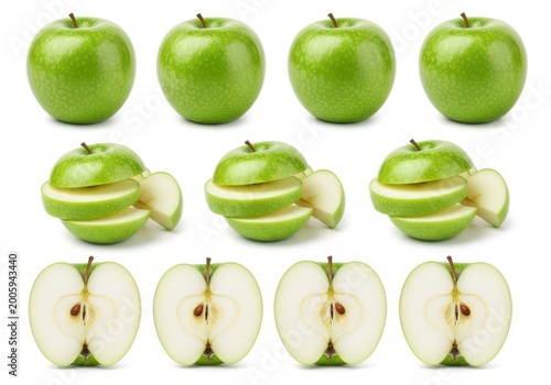 Green apples whole peeled and cross-sectioned with seeds