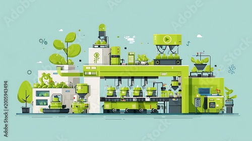 Sustainable food production concept, green factory with energy-efficient systems, fresh food processing line