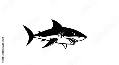 Konstfotografi Aggressive shark illustration, black and white, white background, menacing preda