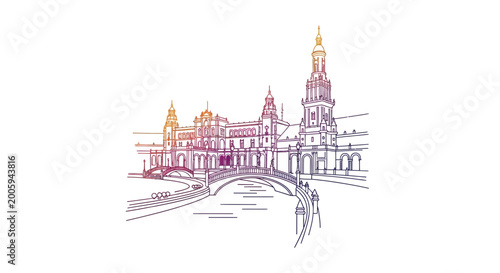Seville Plaza de España architectural sketch with gradient colors and canal