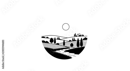 Minimalist black and white illustration of a scenic countryside landscape with hills and trees.