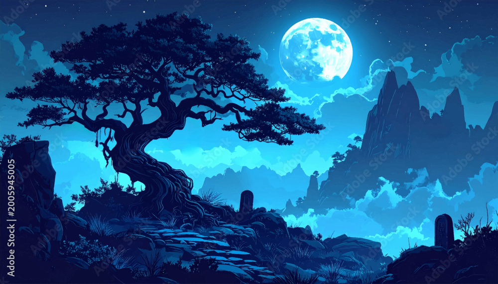 Fototapeta premium Large tree with blue moon above glowing clouds. Dreamy night sky landscape for fantasy posters. Celestial mountain view with mist and stars