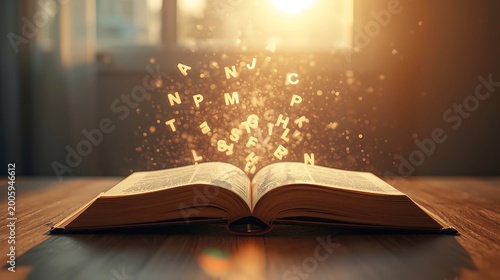 Inspirational Visual of Open Book with Light-Filled Letters Creating a Cinematic Storytelling Mood