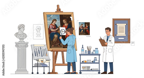 Foto Art restoration in a museum, conservator examining painting, scientific approach