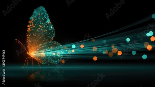 Glowing digital butterfly emerges from light streaks on dark background