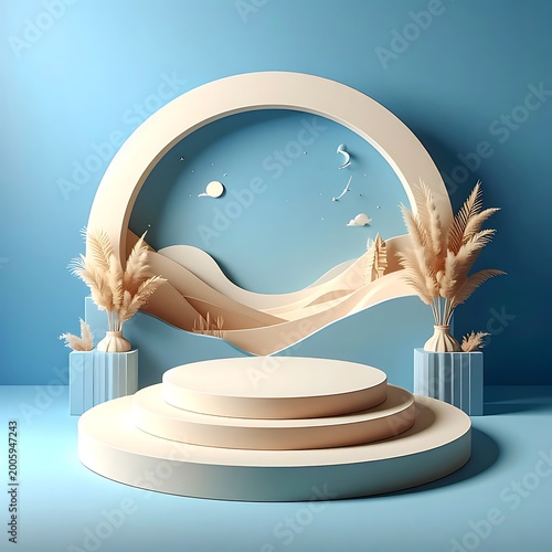 A beige podium with a circular archway and potted plants on a blue background