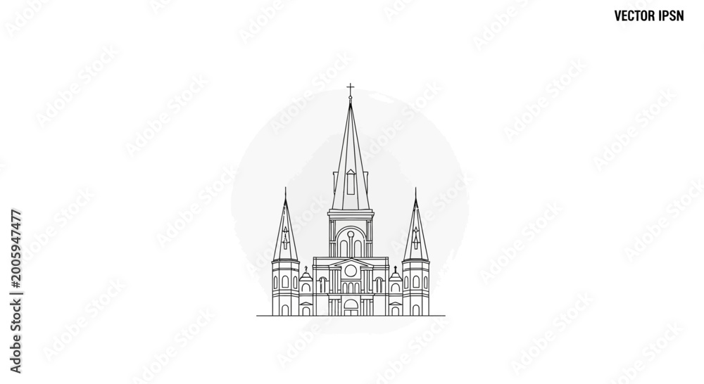 Obraz premium Minimalist Line Art Drawing of a Grand Cathedral with Tall Spires and a Cross