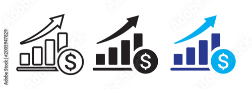 Set of three business profit growth chart icons with dollar sign symbol isolated on white background.