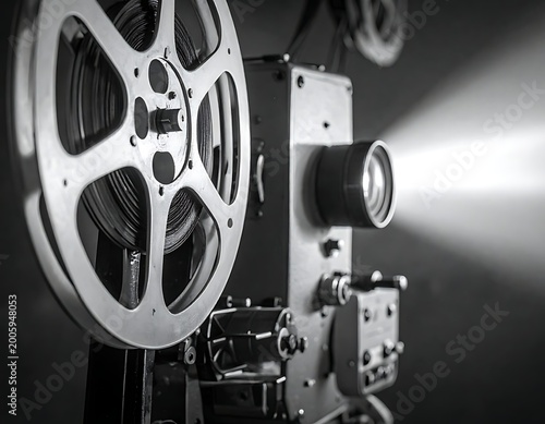 A black and white close-up of a vintage film projector