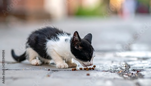 A black and white kitten eats from the ground