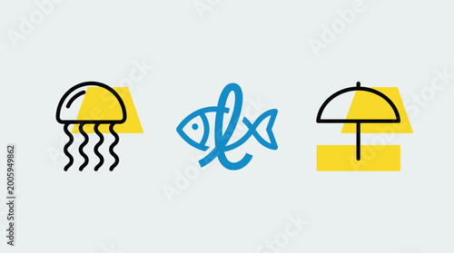 Set Of Three Minimalist Blue And Black Icons Including A Jellyfish A Stylized Fish And A Beach Umbrella Over Yellow.