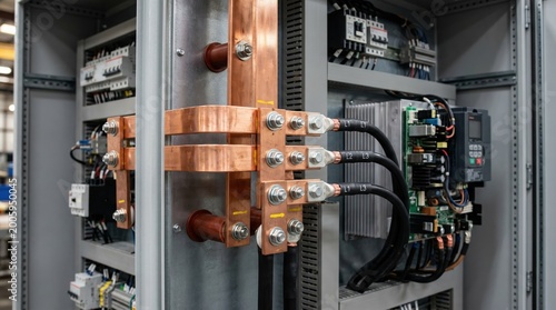 Medium shot focused on detailed busbar connections in an energysaving drive system upgrade showcasing enhanced electrical continuity and reduced power loss in a modern control