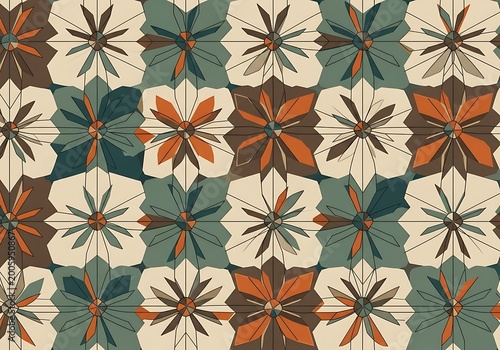 Mid-century modern geometric starburst pattern in earthy teal and orange