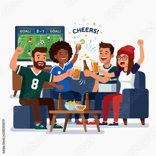 Football Night cheers: Friends are watching football match on television, clinking glasses with beer, and enjoying a joyful evening.