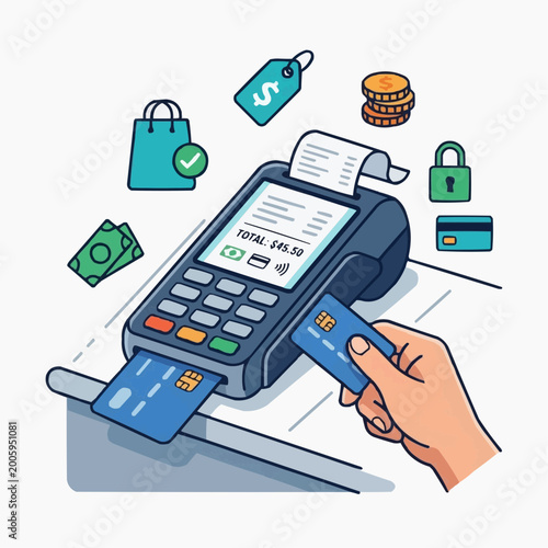 Modern Transaction: A close-up illustration of a Point of Sale (POS) system, showcasing a credit card transaction and representing the evolving landscape of digital payments.