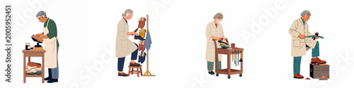 Foto Flat illustration set featuring professional shoemakers and cobblers in hairnets and lab coats repairing, polishing, and manufacturing leather shoes in a workshop environment