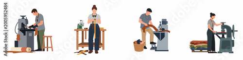 Foto Set of Illustrations Featuring Leather Artisans Working with Specialized Machines and Tools in a Workshop, Isolated on White Background