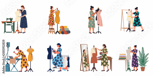 Tableau sur toile Set of professional female fashion designers and seamstresses working in a tailoring studio with sewing machines, mannequins, and fabrics