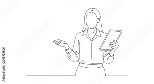 One continuous line drawing of a woman holding a tablet minimalist art style silhouette high quality professional detailed modern