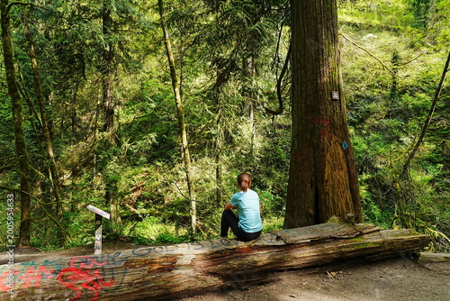 Fotografie Woman taking a break during a hike in Forest Park, Portland, Oregon, enjoying fo