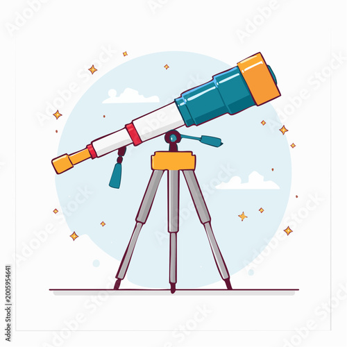 Cartoon Telescope on Tripod with Stars and Clouds