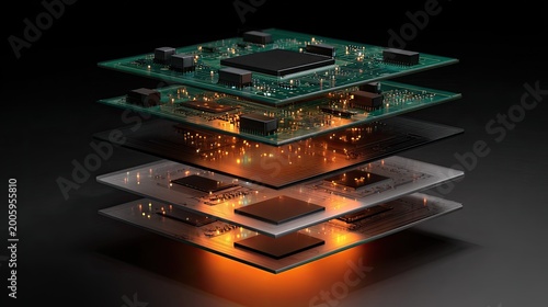 Layered electronic circuit boards with glowing energy and dark background