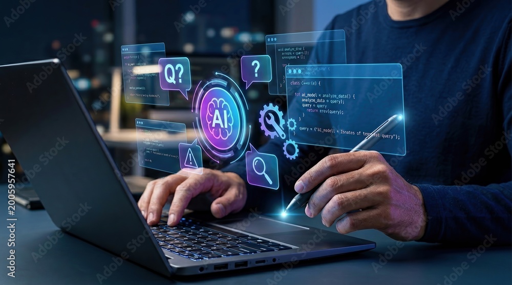 Fototapeta premium Software Engineer using AI Development on Laptop in a tech workspace. Typing code, manipulating holographic AI interface with stylus, and Digital Innovation concept.