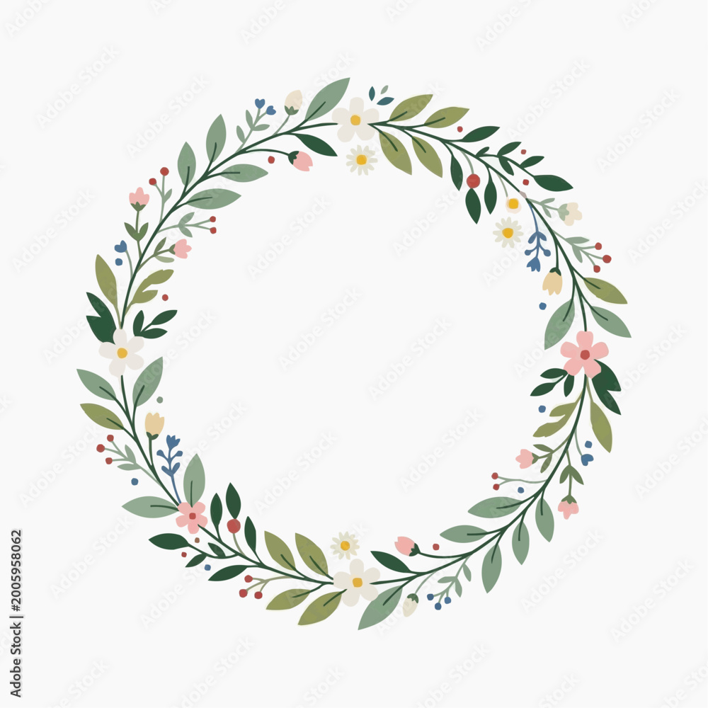 Obraz premium Floral Wreath of Nature's Beauty: A circular floral wreath showcases a charming collection of blossoms and foliage, bringing the freshness of a garden and the essence of spring.
