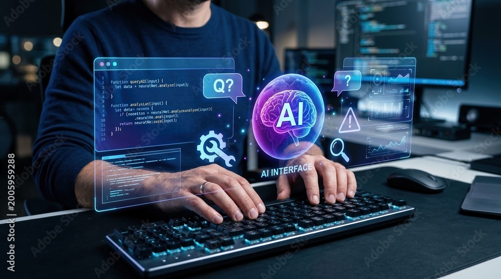 Fototapeta premium Software Engineer using AI interface design on computer workstation with code typing and neural network data, and futuristic technology concept.