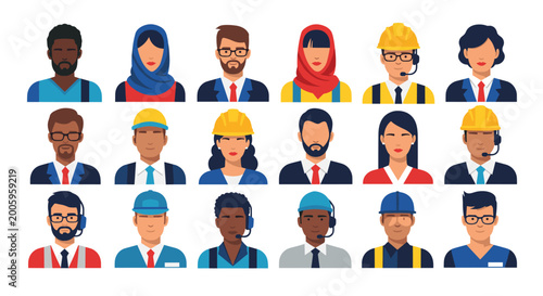 Diverse collection of professional avatars representing people of various ethnicities and occupations in a clean flat design.